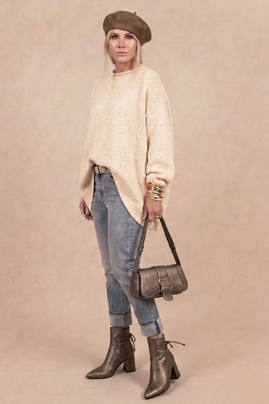 Dress ankle boots back laces in bronze beige leather with high flare heels and tapered toe - Worn view